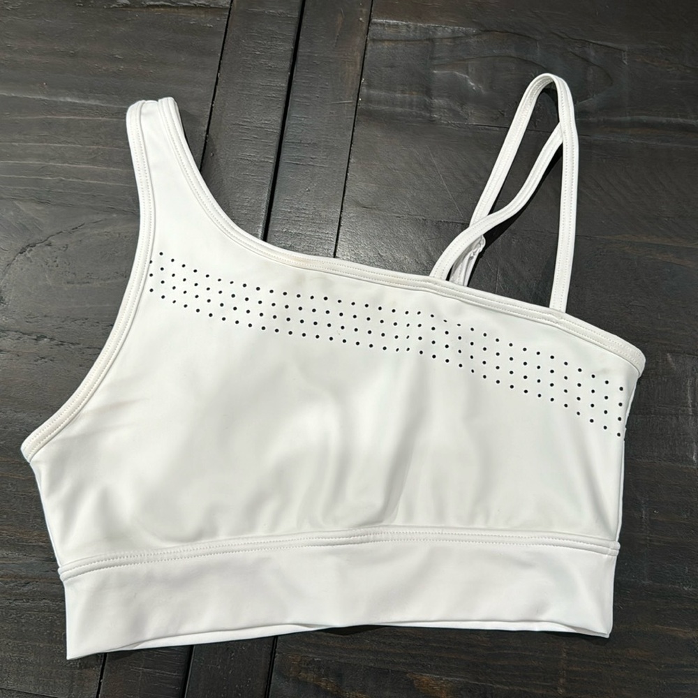 Buffbunny white unilateral lasercut bra size M. Minor stains shown and explained